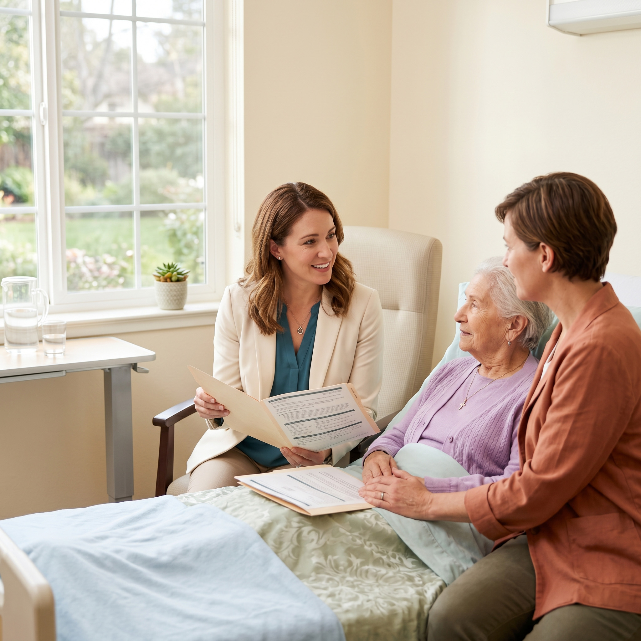 Discharge planner speaking warmly with patient and family